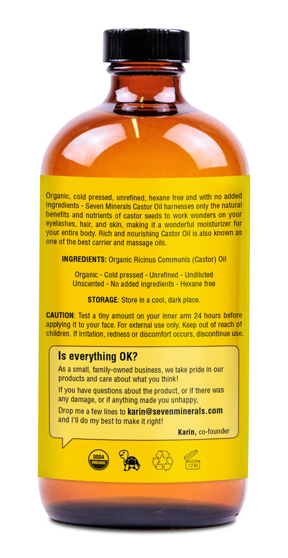 Close up of the single ingredient pure Ricinus Communis oil product label details.