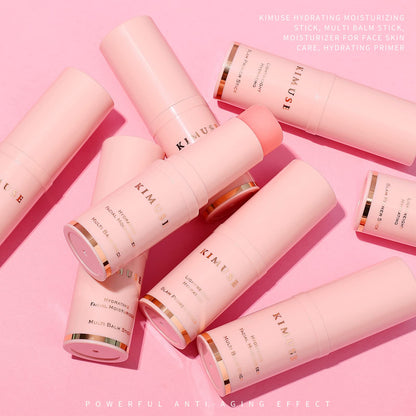 A lifestyle shot highlighting the portable hydrating stick ideal for moisturizing lips, eyes, and neck anytime.
