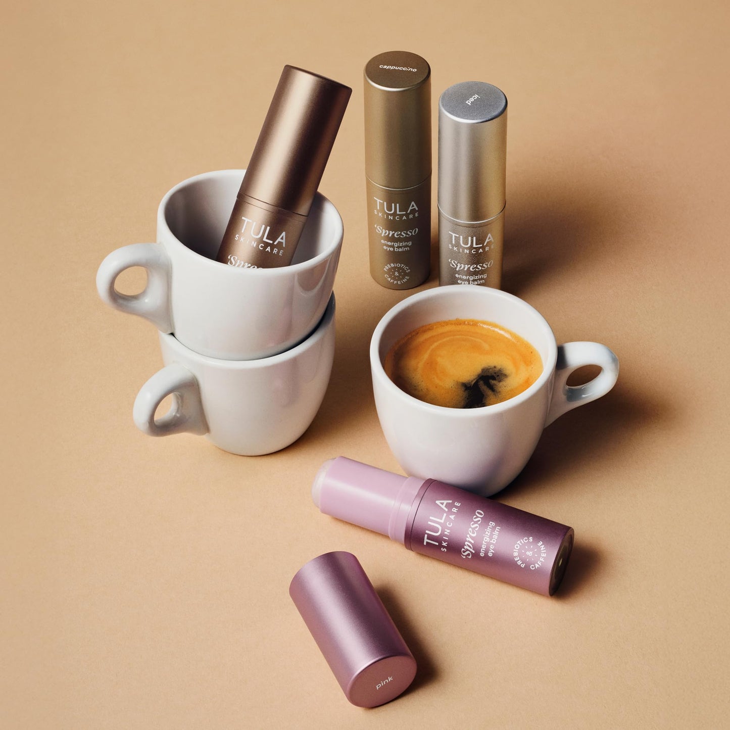 Authentic USA imported TULA Spresso eye balm on a clean beauty background