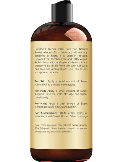 Authentic Handcraft Blends pure sweet almond carrier oil container showcasing therapeutic grade labeling.