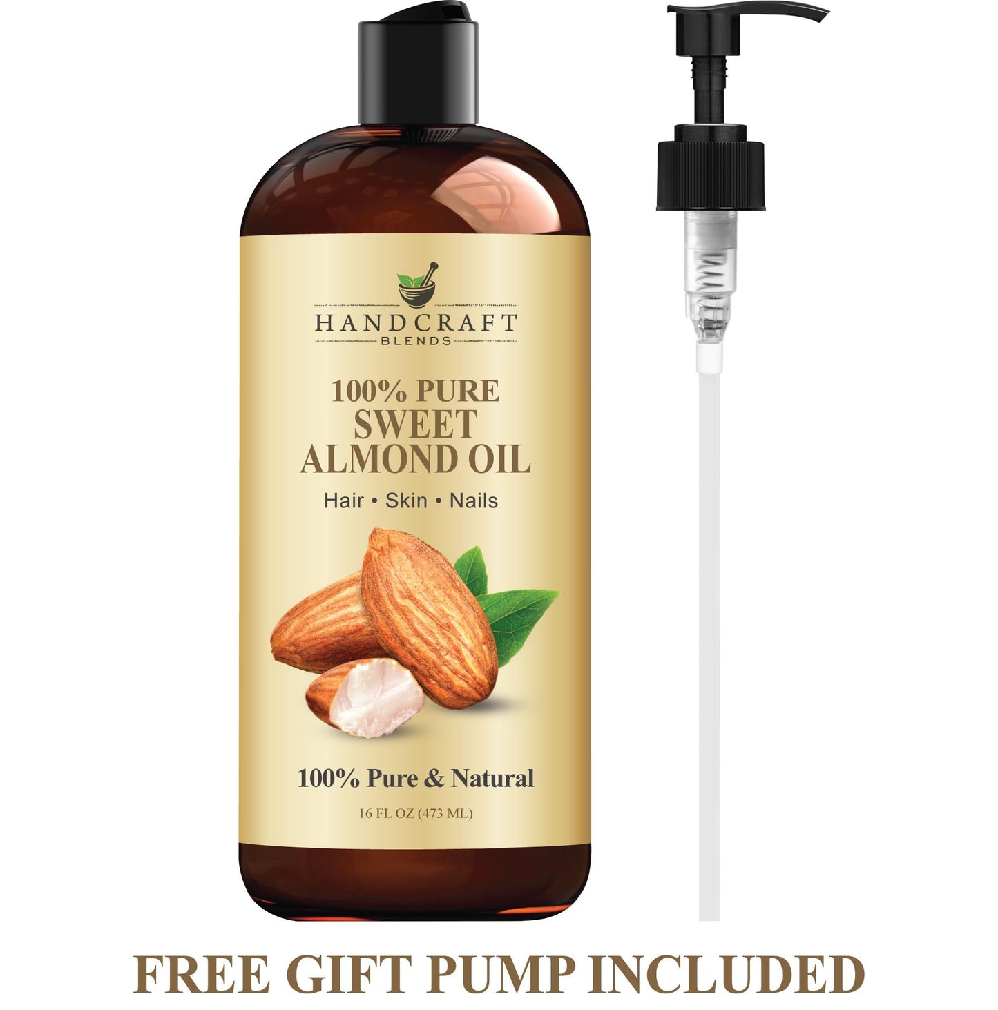 Large sixteen ounce bottle of Handcraft Blends almond oil ideal for daily family body care.