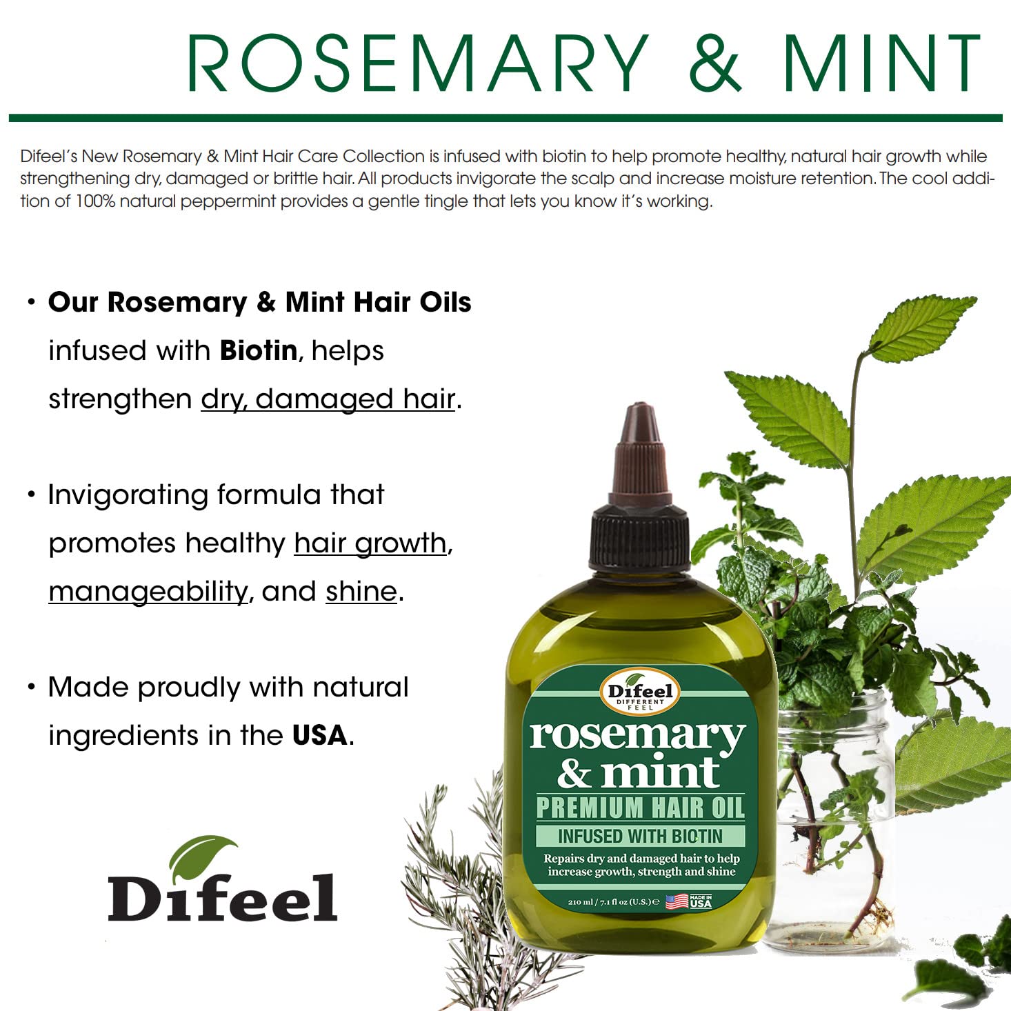 Difeel strengthening hair oil bottle showing the precision tip applicator for direct scalp treatment.