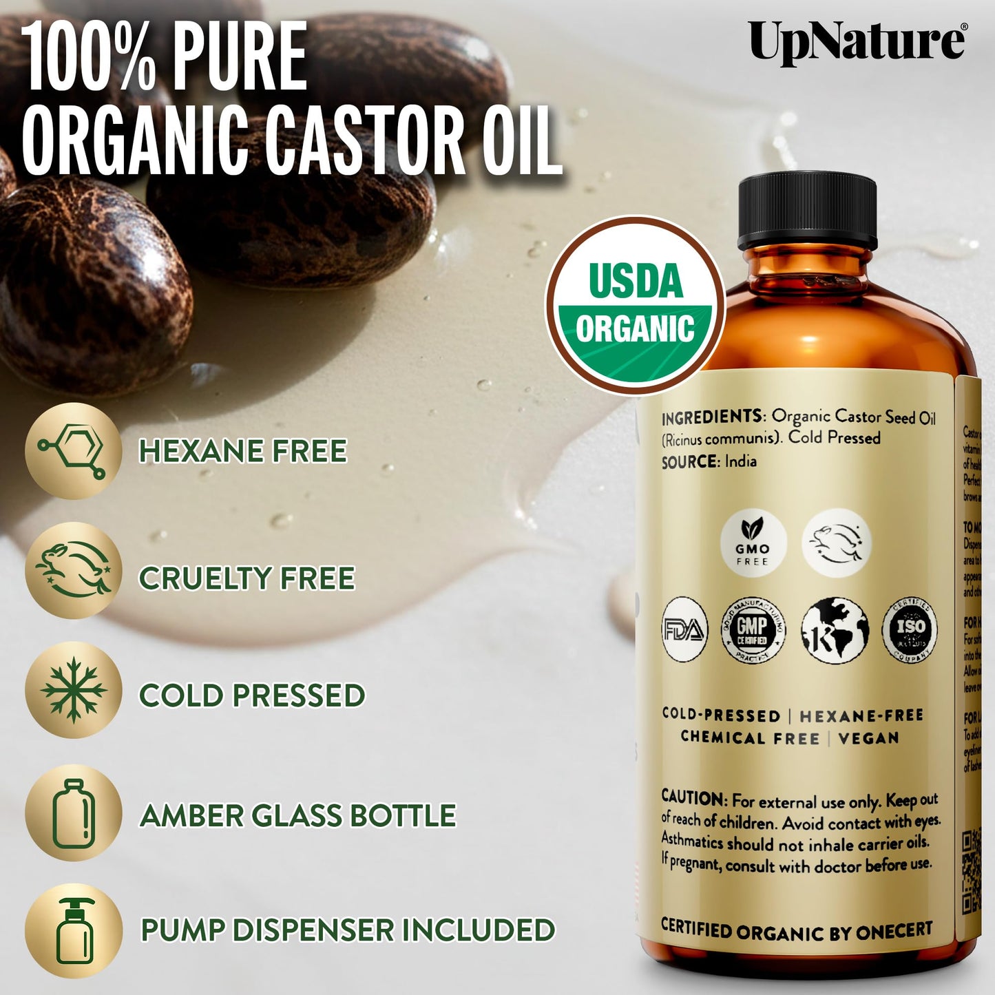 Back label of UpNature castor oil showing the single ingredient formulation and usage instructions.