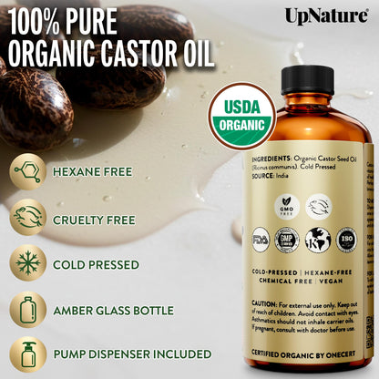 Back label of UpNature castor oil showing the single ingredient formulation and usage instructions.