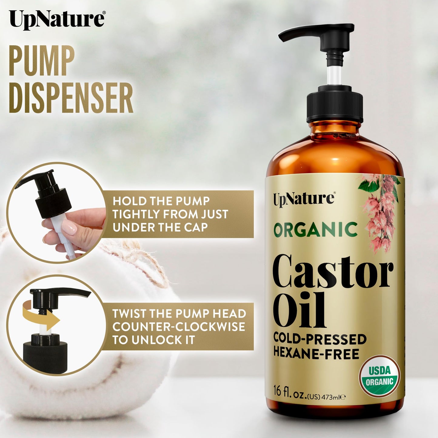 Full product set of UpNature organic castor oil highlighting the pump dispenser and precise application tools.