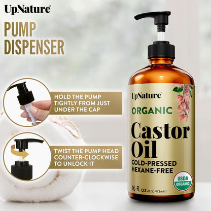 Full product set of UpNature organic castor oil highlighting the pump dispenser and precise application tools.