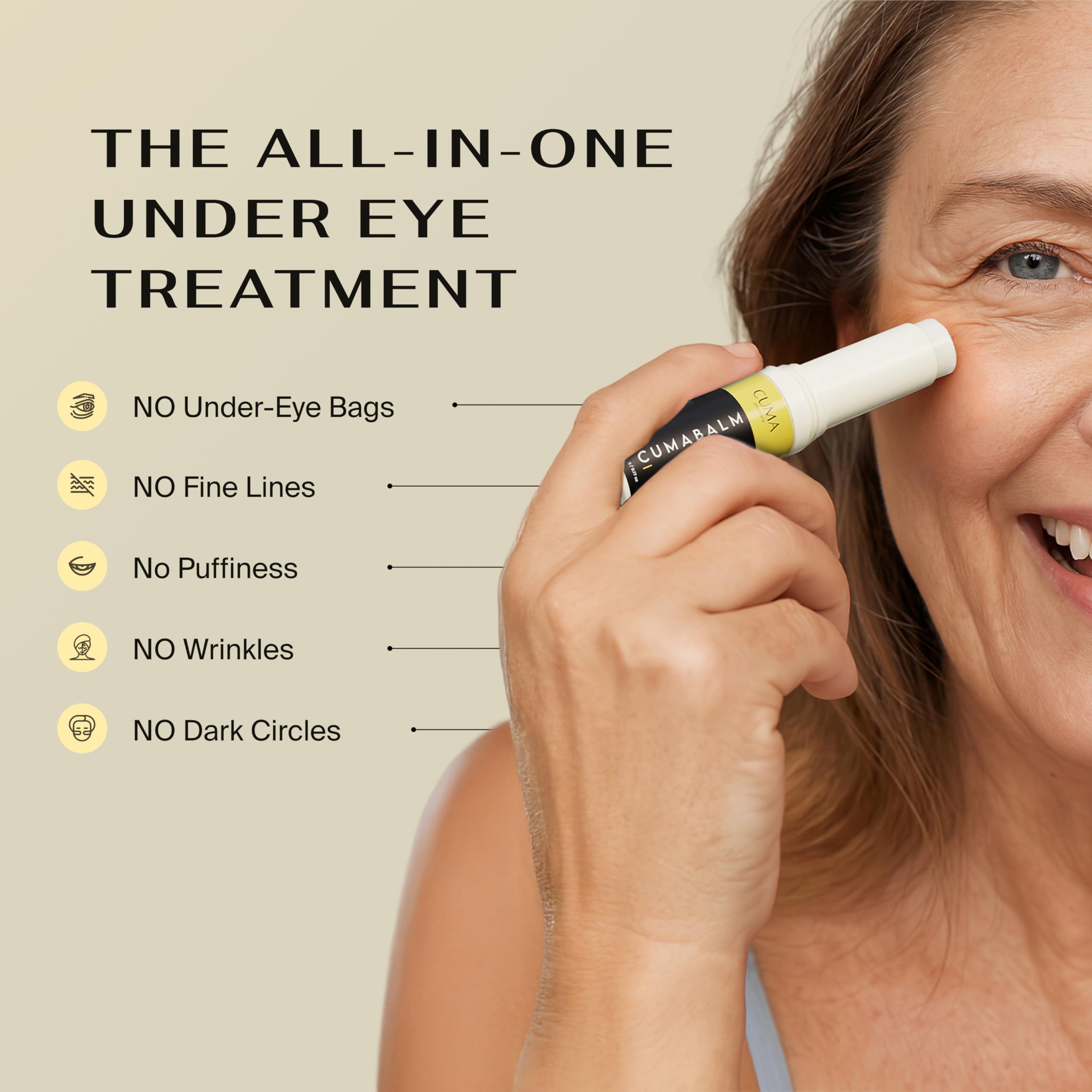 Under eye application demonstration of CumaBalm depuffing stick