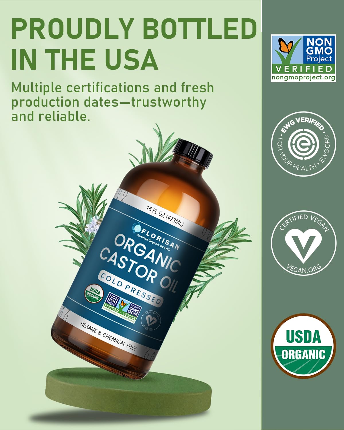 Cold pressed hexane free castor oil showing the rich golden amber texture of the liquid.
