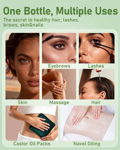 Pure castor oil for hair growth being applied with an applicator for lash and brow care.