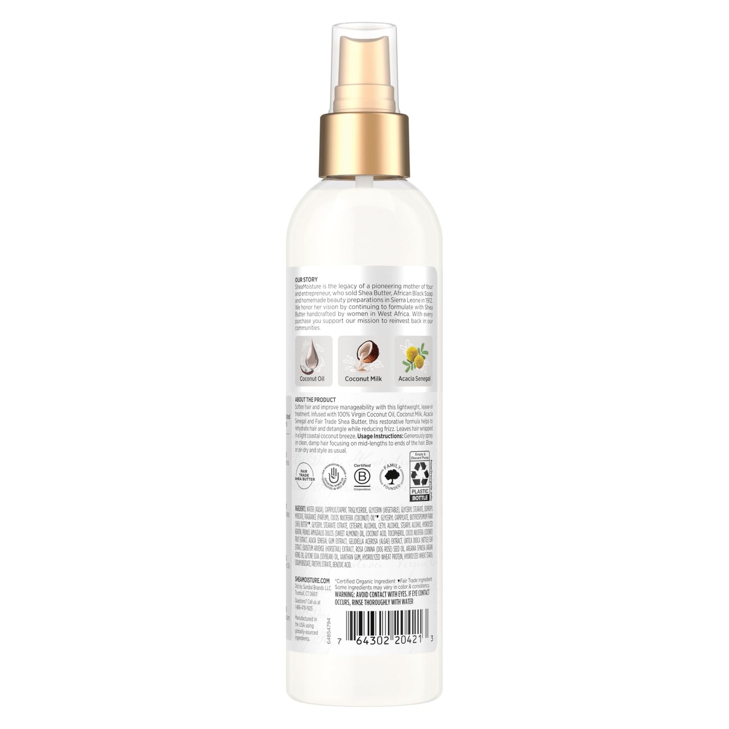 Back label of Shea Moisture 100 Percent Virgin Coconut Oil treatment displaying the clean ingredients.