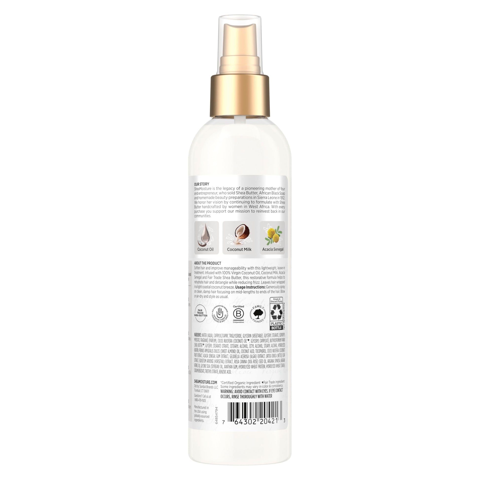 Back label of Shea Moisture 100 Percent Virgin Coconut Oil treatment displaying the clean ingredients.