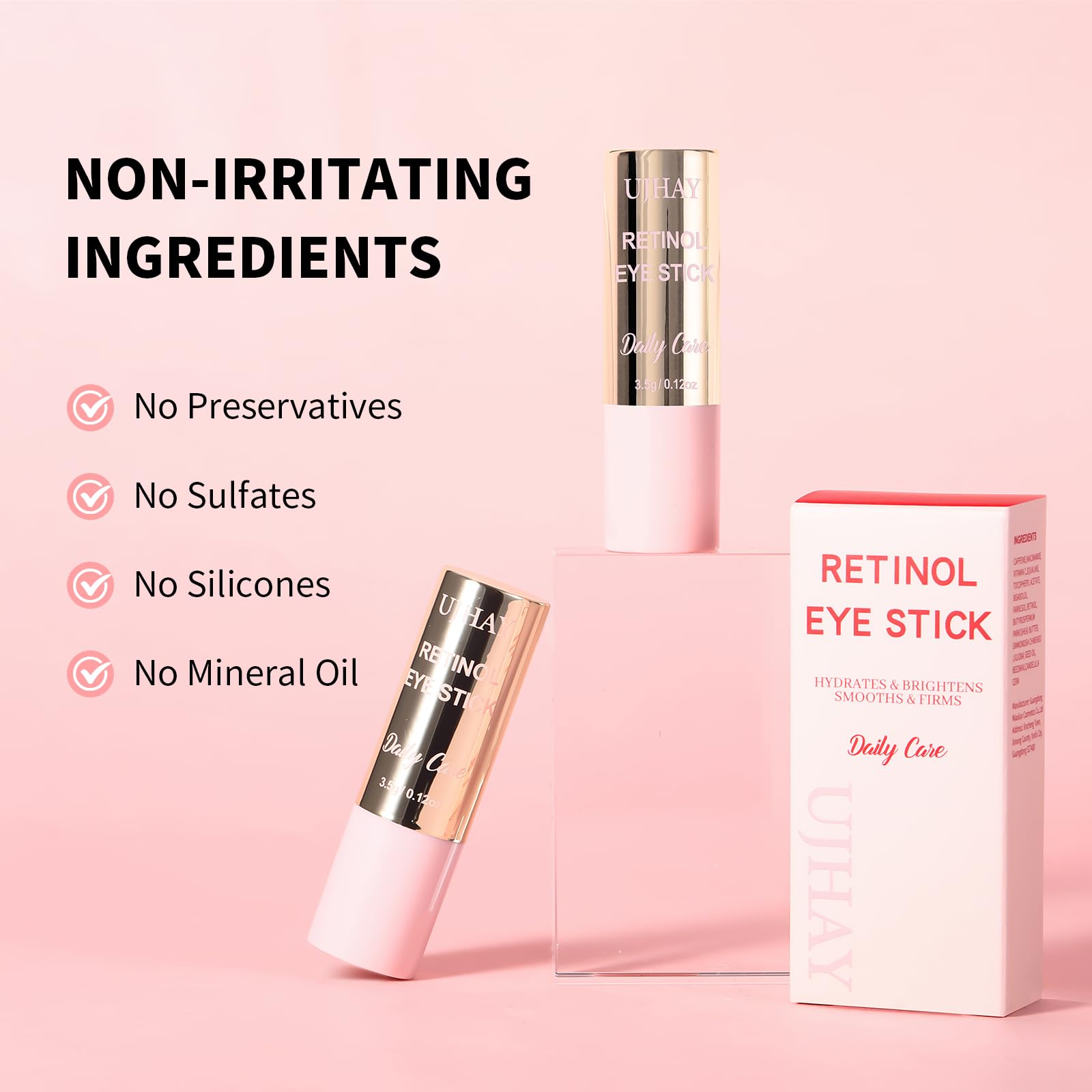 Portable stick applicator for reducing under-eye puffiness and bags.