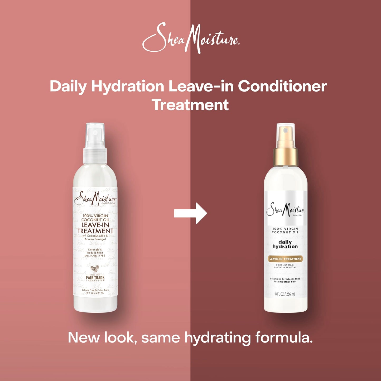 Shea Moisture coconut oil leave-in spray bottle standing upright on a clean surface.