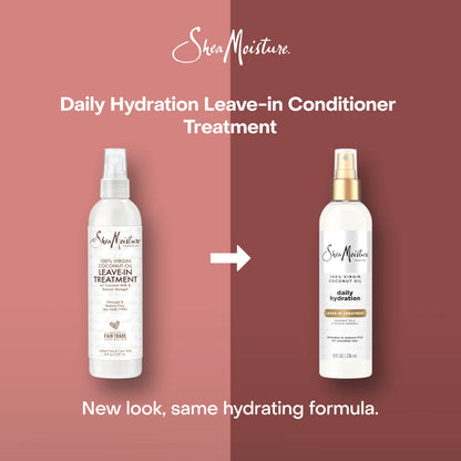 Shea Moisture coconut oil leave-in spray bottle standing upright on a clean surface.