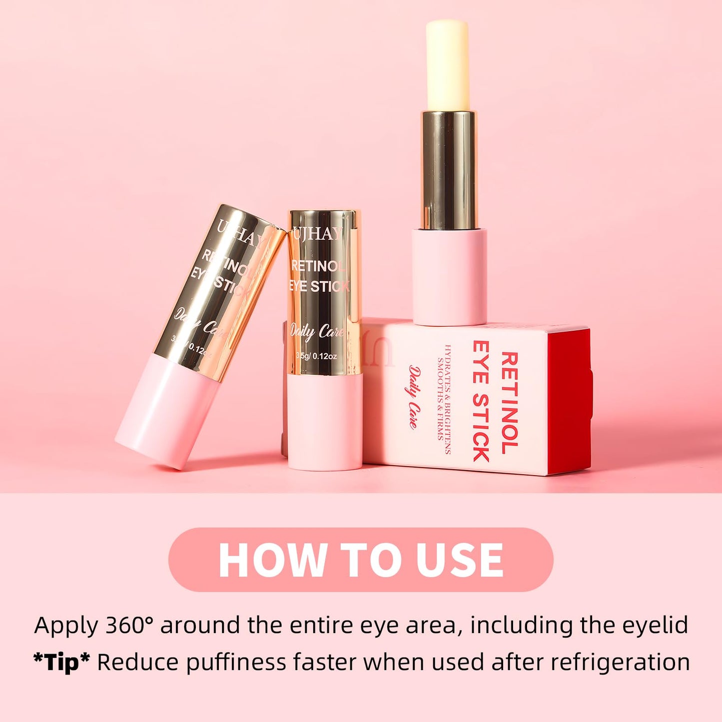 Caffeine and Vitamin C infused skincare stick for brightening tired eyes.