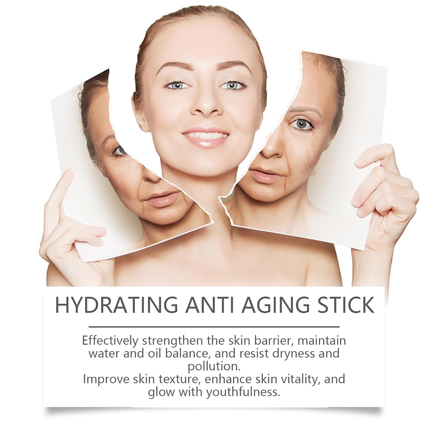 Skincare multi balm stick being used to plump lips and smooth sagging skin lines.