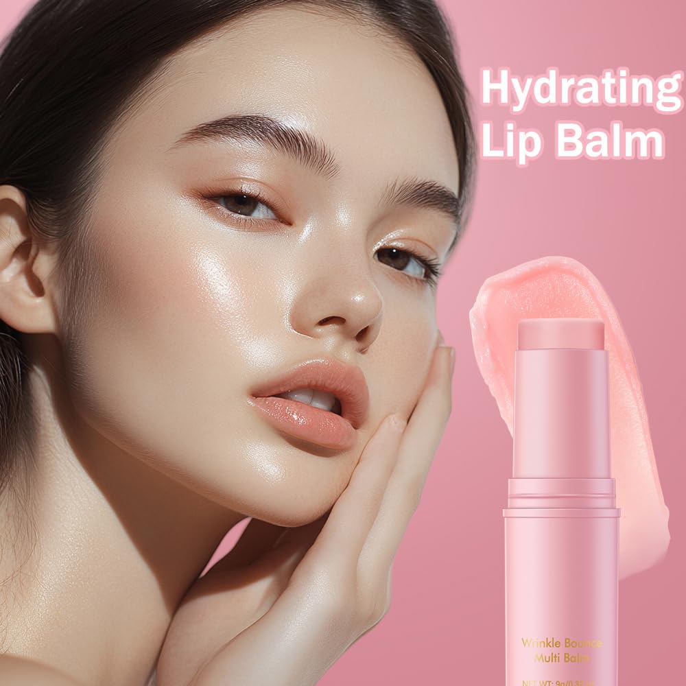 Bekoeen multi purpose firming balm stick being applied to the lips to prevent dryness.