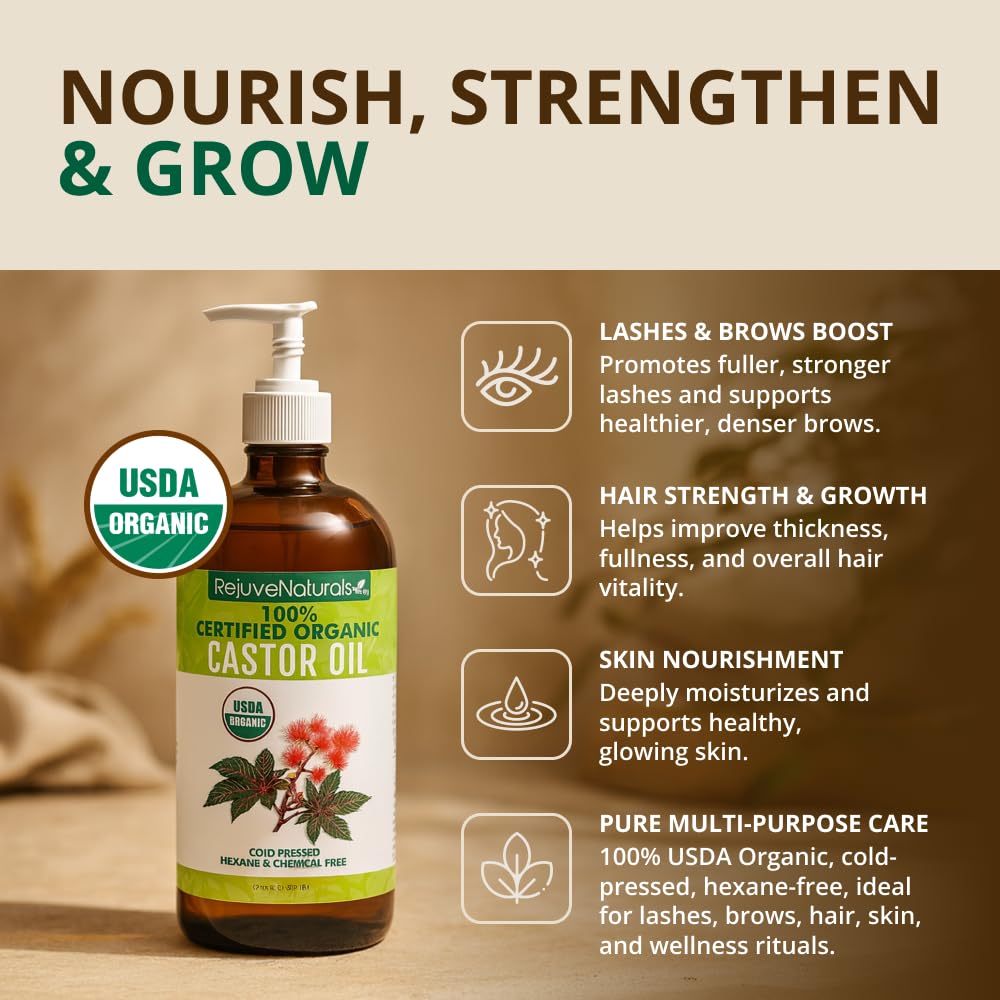 Back label of RejuveNaturals cold pressed castor oil displaying pure single-ingredient details and barcode.