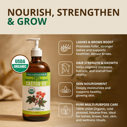 Back label of RejuveNaturals cold pressed castor oil displaying pure single-ingredient details and barcode.