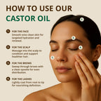 Amber glass bottle of RejuveNaturals castor oil highlighting its hexane free and vegan formula properties.