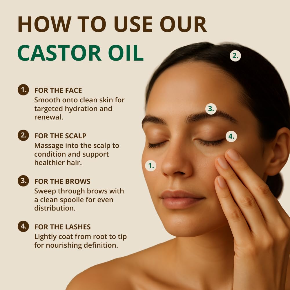 Amber glass bottle of RejuveNaturals castor oil highlighting its hexane free and vegan formula properties.