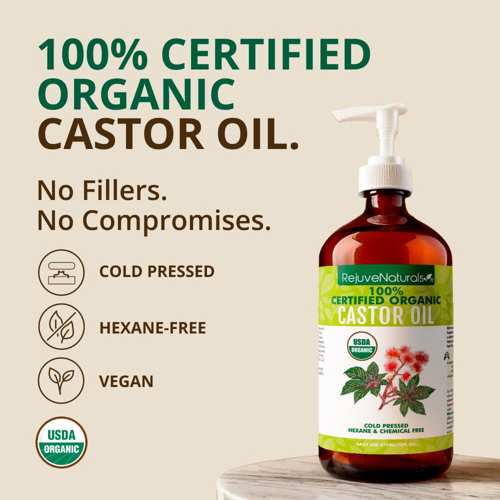 RejuveNaturals organic castor oil unboxed displaying its rich golden texture for hair growth applications.