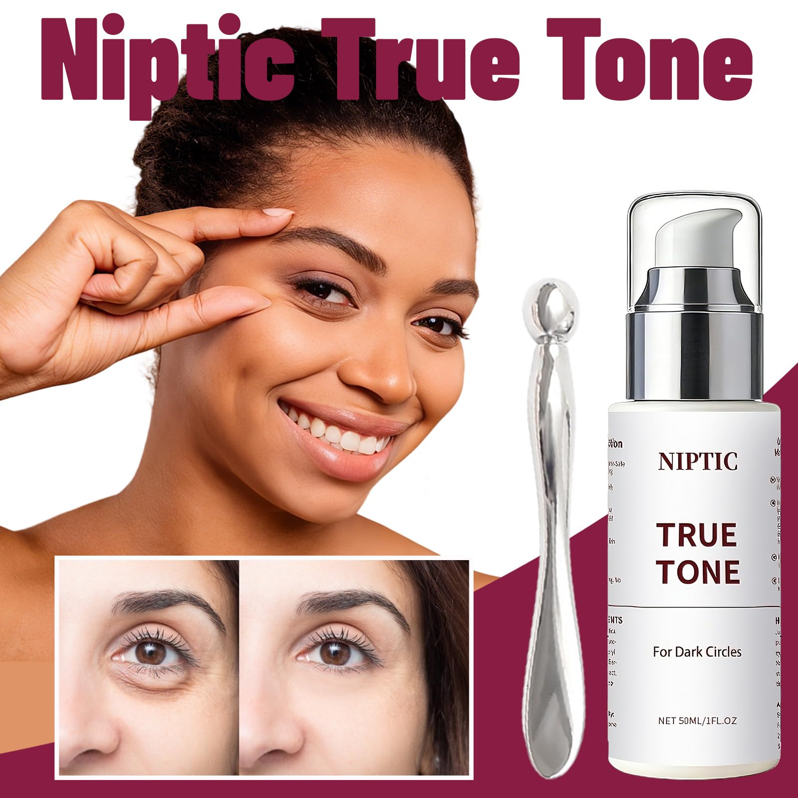 Niptic under eye repair cream packaging showcasing product benefits