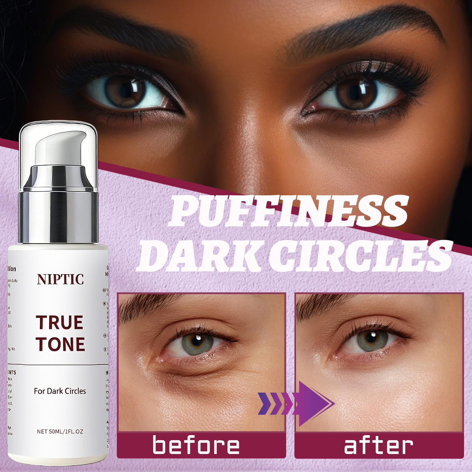 Niptic True Tone 50ml bottle for reducing eye puffiness and wrinkles