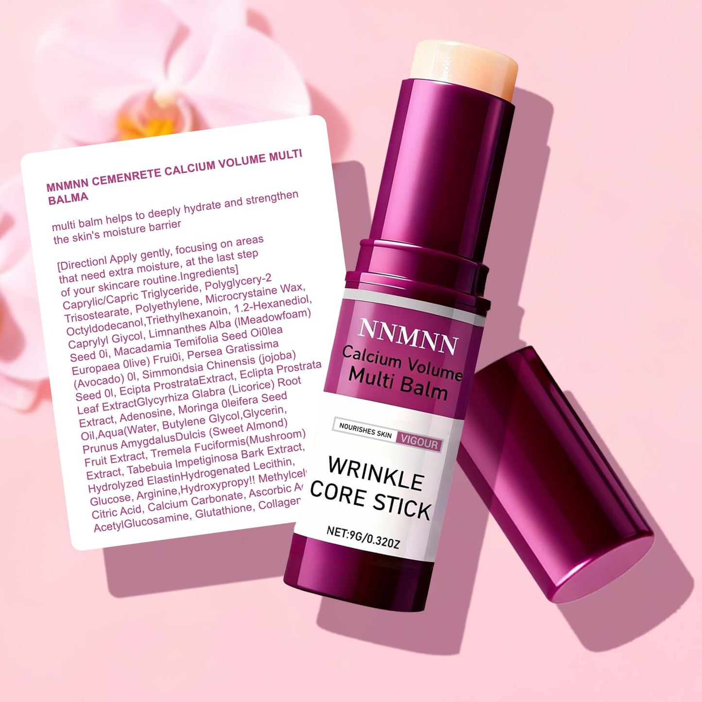 Compact travel-size skincare multi stick displayed next to natural ingredients like vitamin E and almond oil.