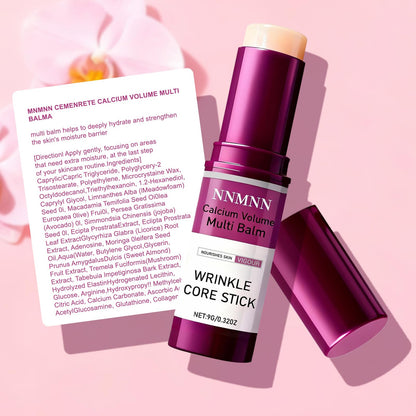 Compact travel-size skincare multi stick displayed next to natural ingredients like vitamin E and almond oil.