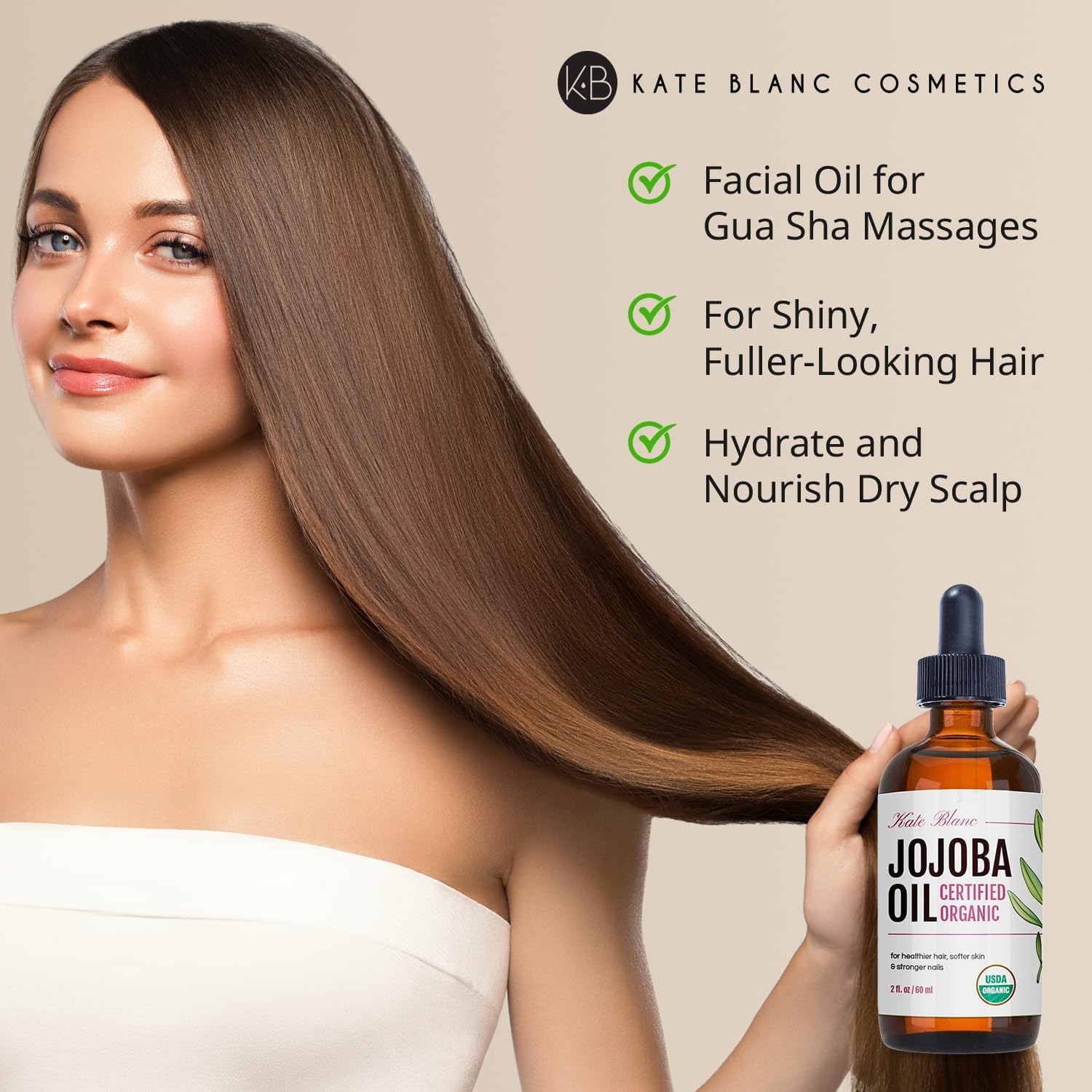 Two ounce glass bottle of Kate Blanc Cosmetics unrefined jojoba oil used as a gua sha carrier oil