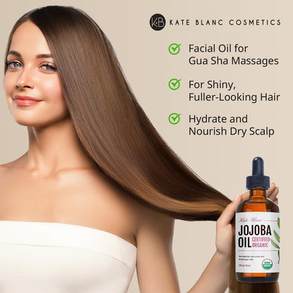 Two ounce glass bottle of Kate Blanc Cosmetics unrefined jojoba oil used as a gua sha carrier oil