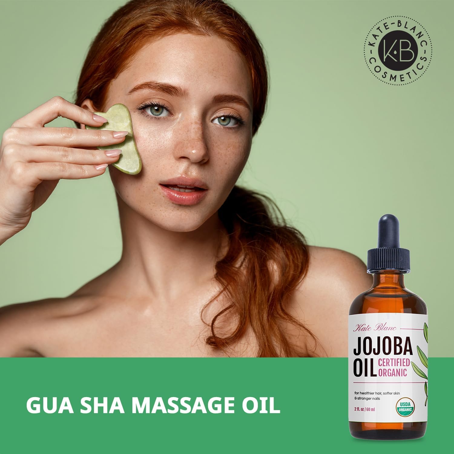 Kate Blanc Cosmetics pure natural jojoba oil being applied with a dropper for skin hydration