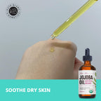 Hexane free unrefined organic jojoba oil bottle highlighting product details and ingredients