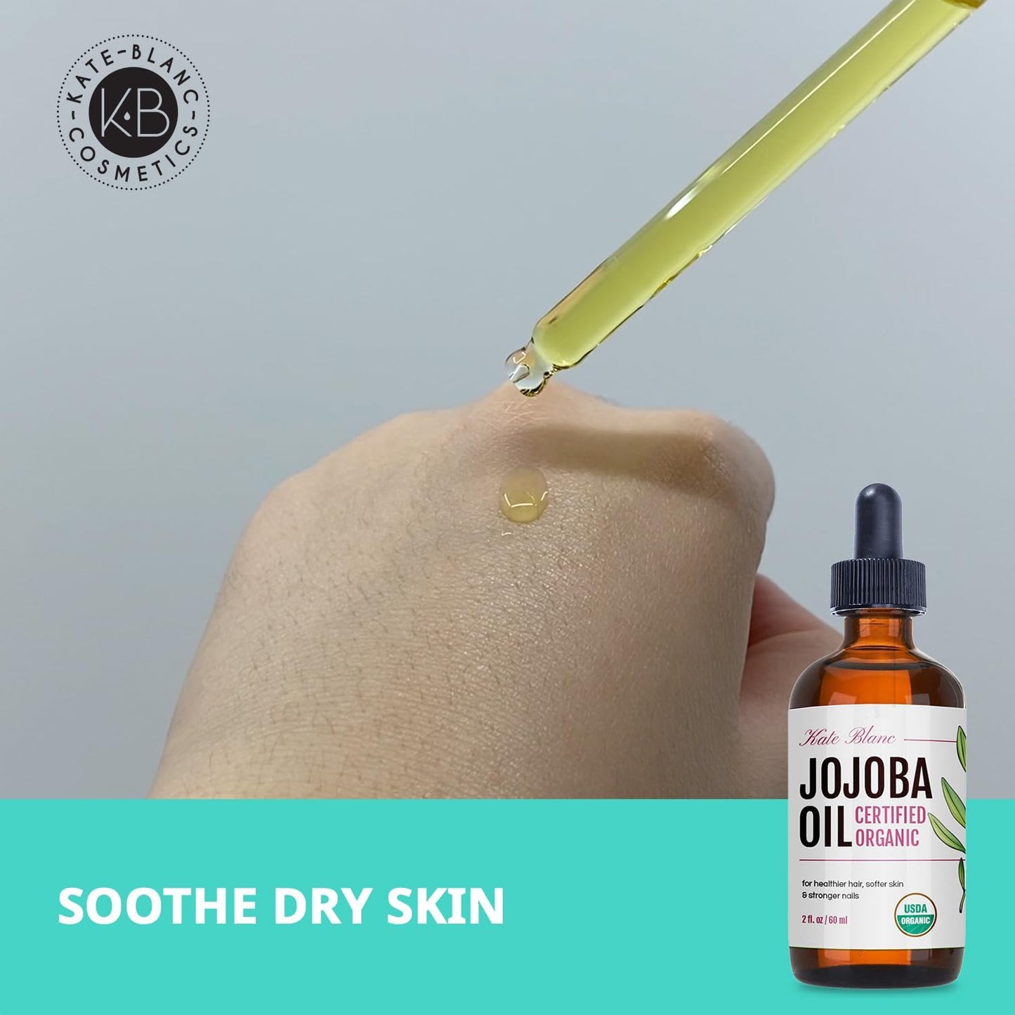 Hexane free unrefined organic jojoba oil bottle highlighting product details and ingredients