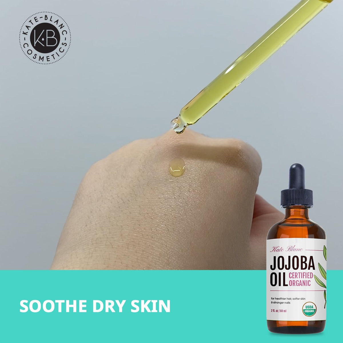 Hexane free unrefined organic jojoba oil bottle highlighting product details and ingredients