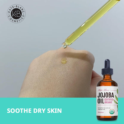 Hexane free unrefined organic jojoba oil bottle highlighting product details and ingredients