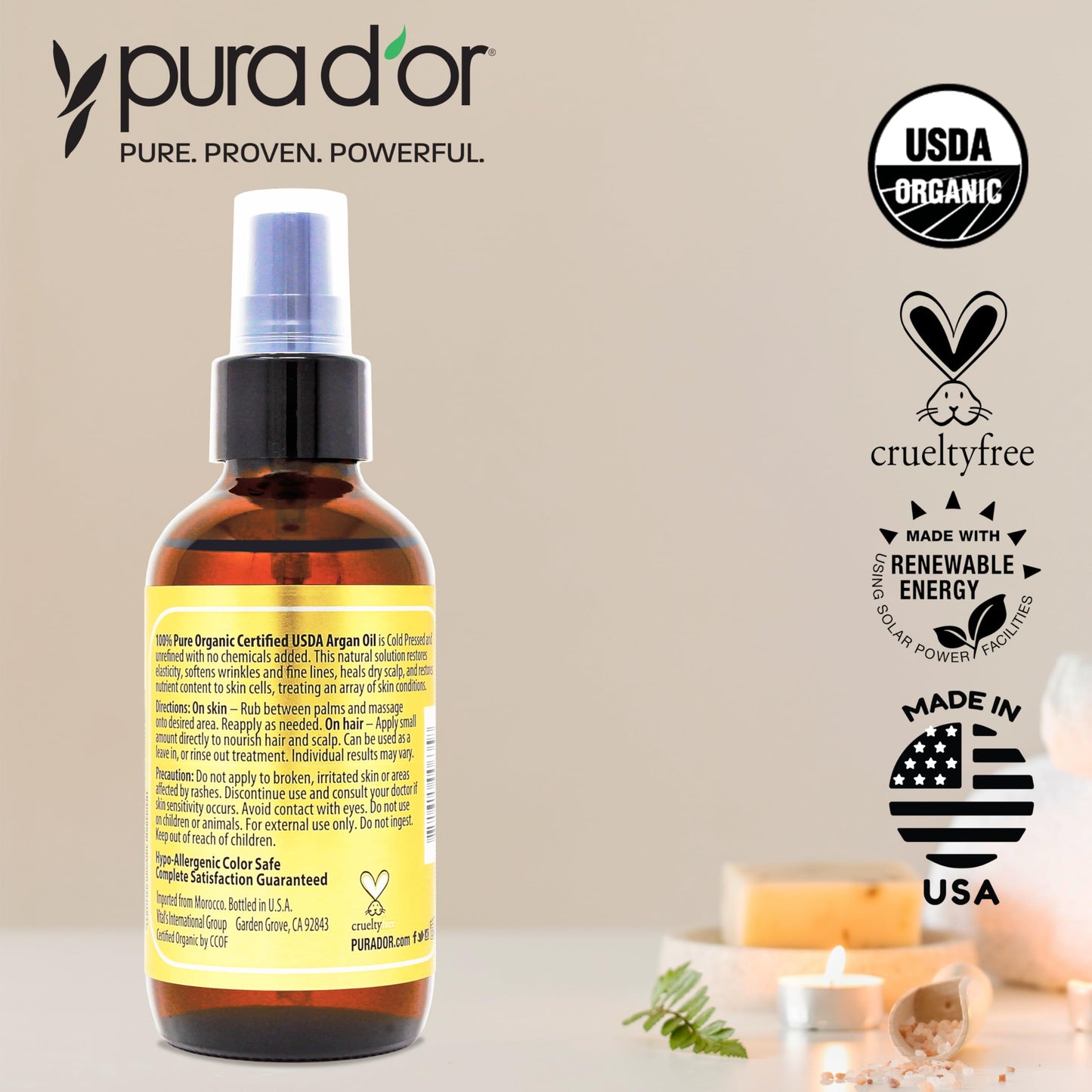 PURA D'OR premium lightweight argan oil showing the product packaging and authentic labeling