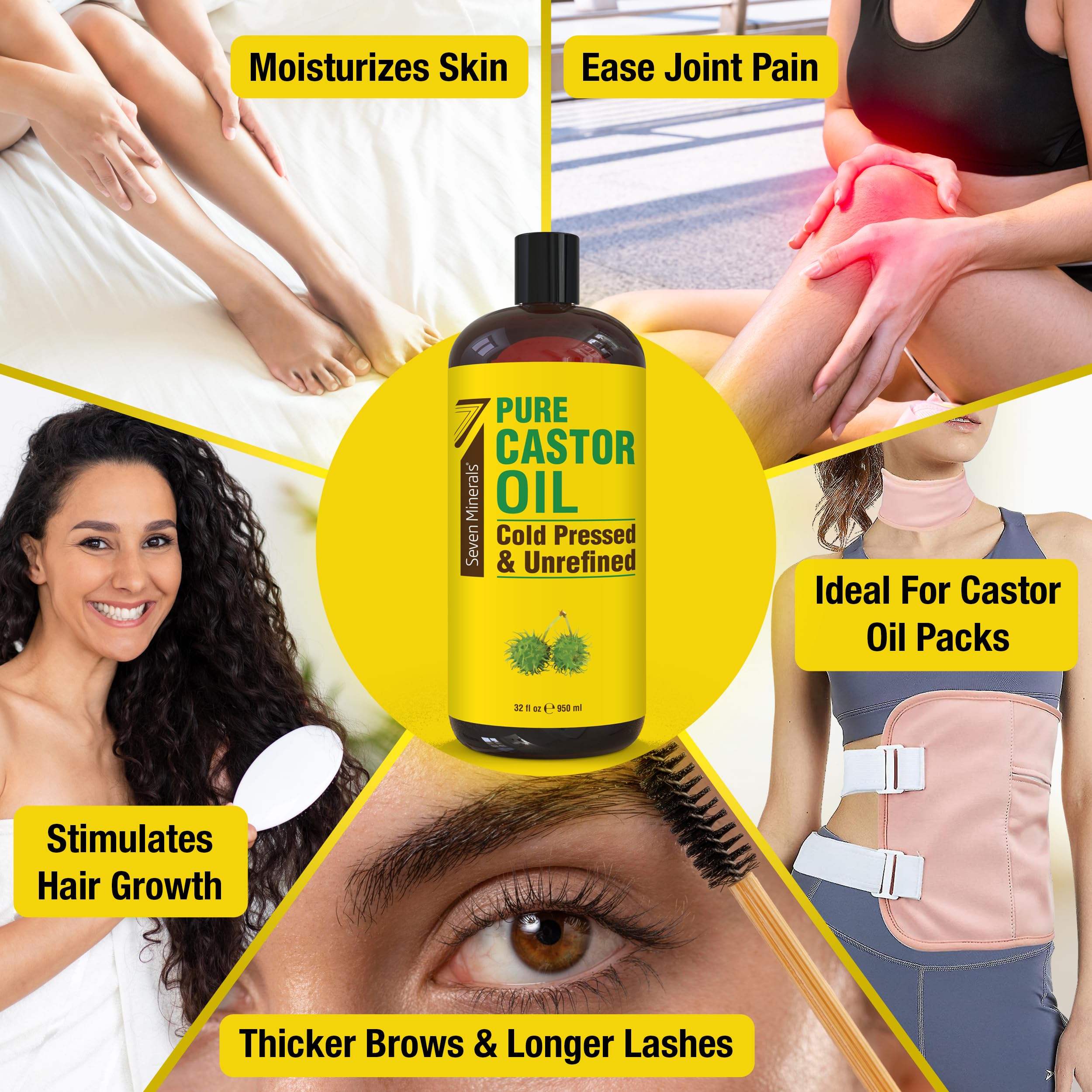 Back label details of Seven Minerals unrefined castor oil highlighting its hundred percent pure ingredient profile