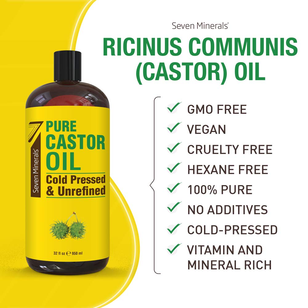 Seven Minerals hexane free castor oil bottle showcasing the clean extraction liquid for thicker eyelashes