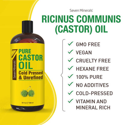 Seven Minerals hexane free castor oil bottle showcasing the clean extraction liquid for thicker eyelashes