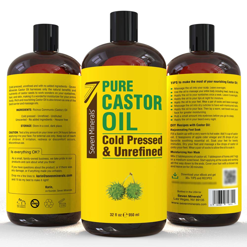 Close up of the amber thirty-two fluid ounce bottle cap sealing the pure Ricinus Communis hair care oil