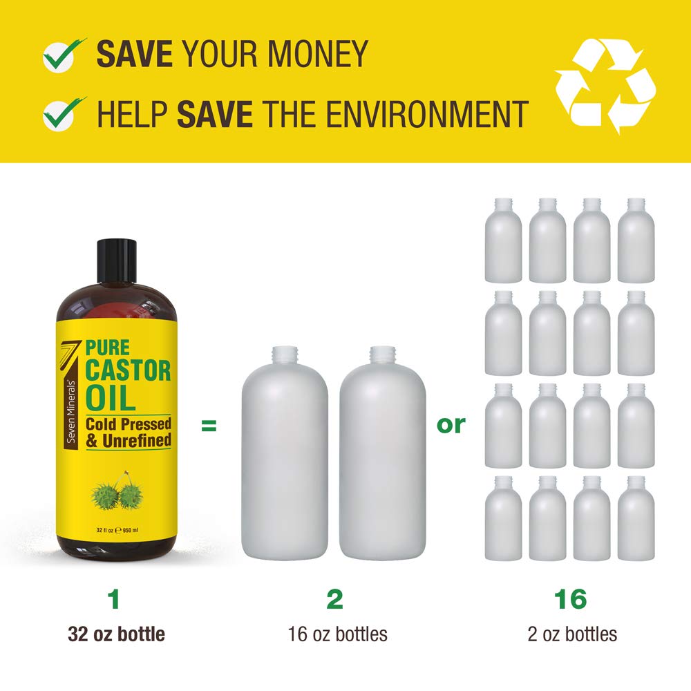 Side angle view of Seven Minerals cold pressed castor oil emphasizing the eco-friendly large volume packaging