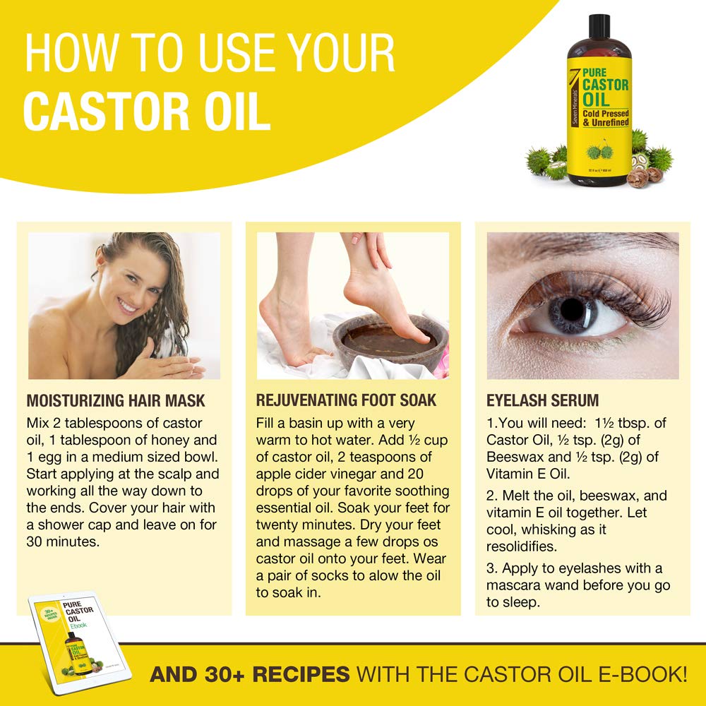 Seven Minerals pure castor oil bottle alongside natural wellness props illustrating its multi-purpose skin use
