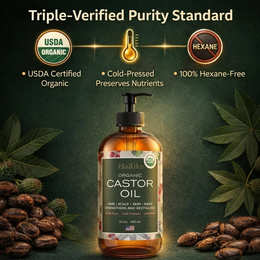 Pure cold pressed unrefined castor oil bottle showing the official USDA Organic logo.