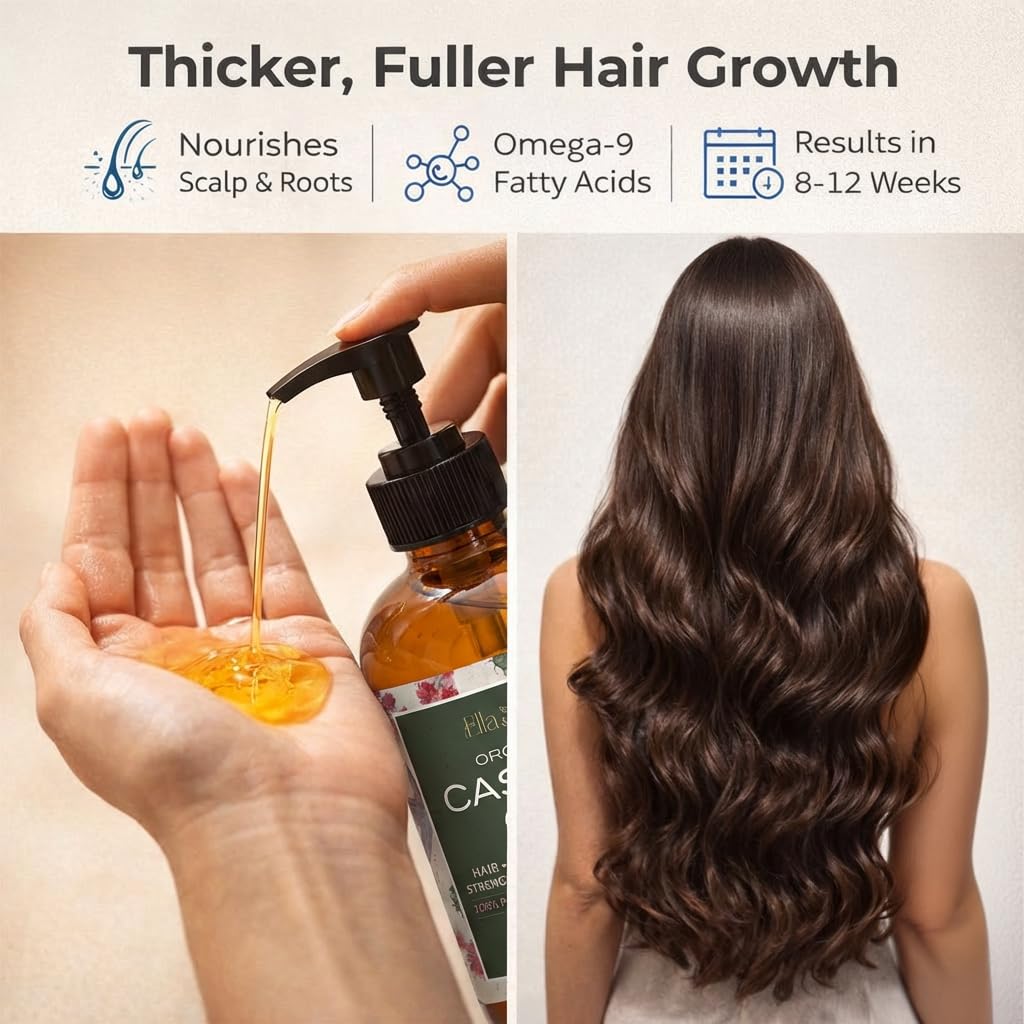 Sixteen fluid ounces glass bottle of Ella & Eden castor oil for hair growth.