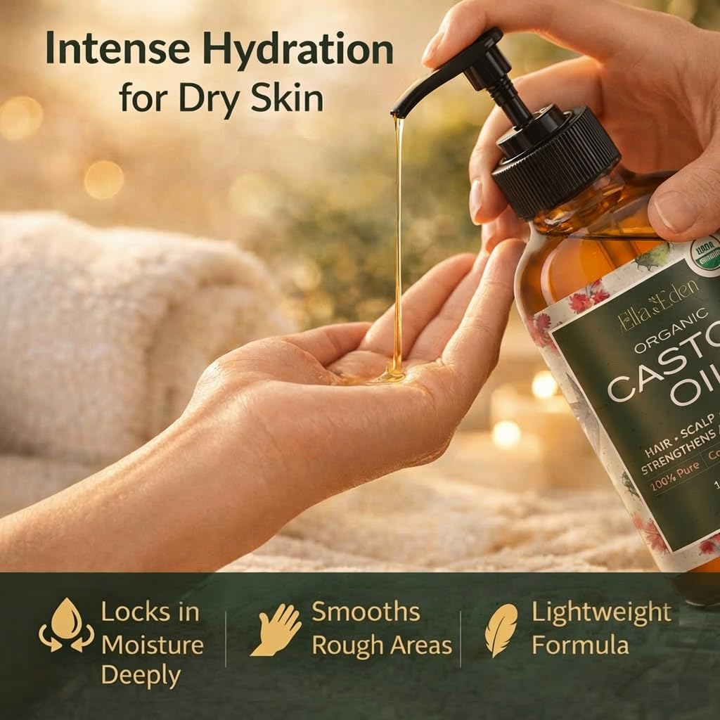 Premium unrefined hair and skin hydration castor oil bottle detailing ingredient purity.