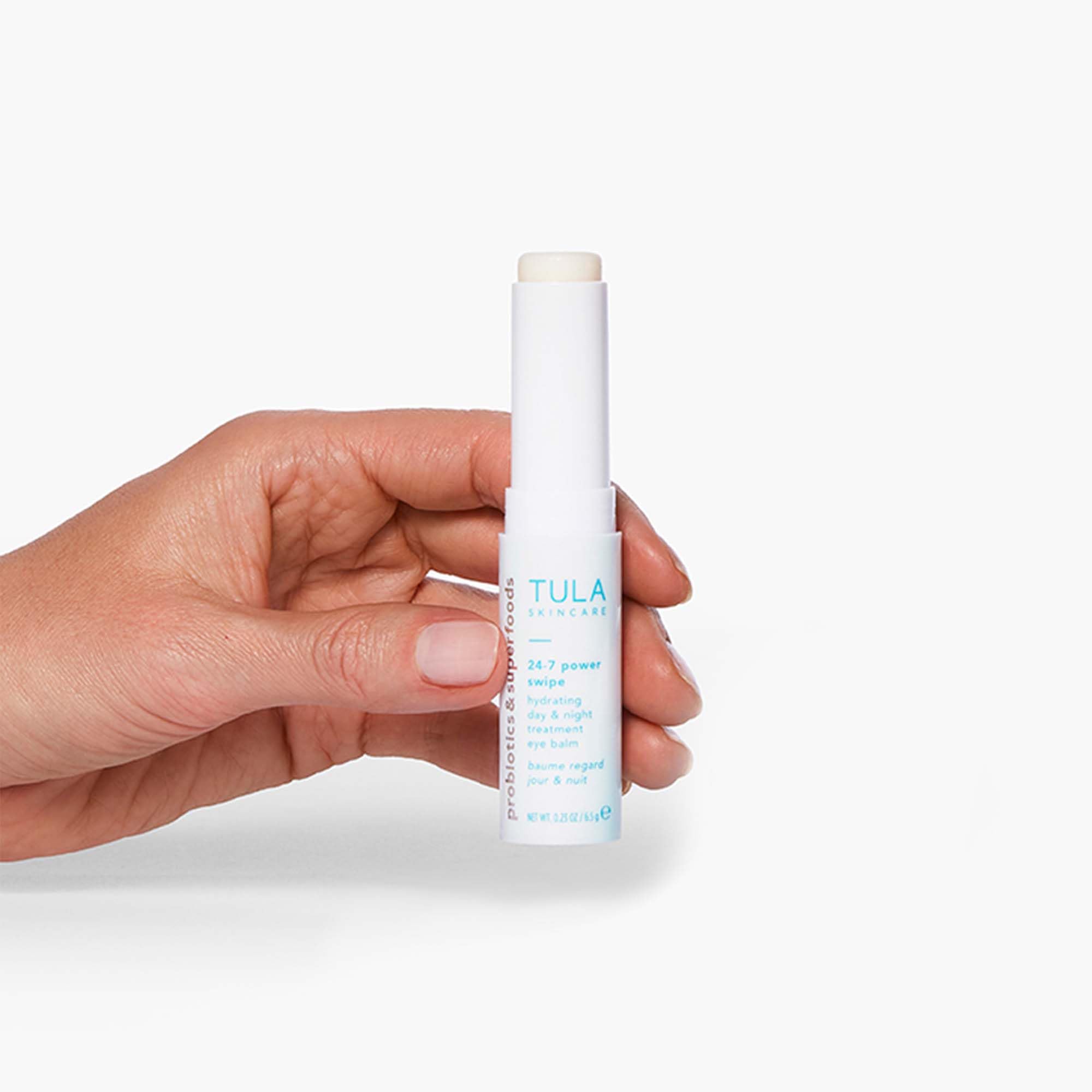 TULA peptide and collagen eye balm tube cap removed for application