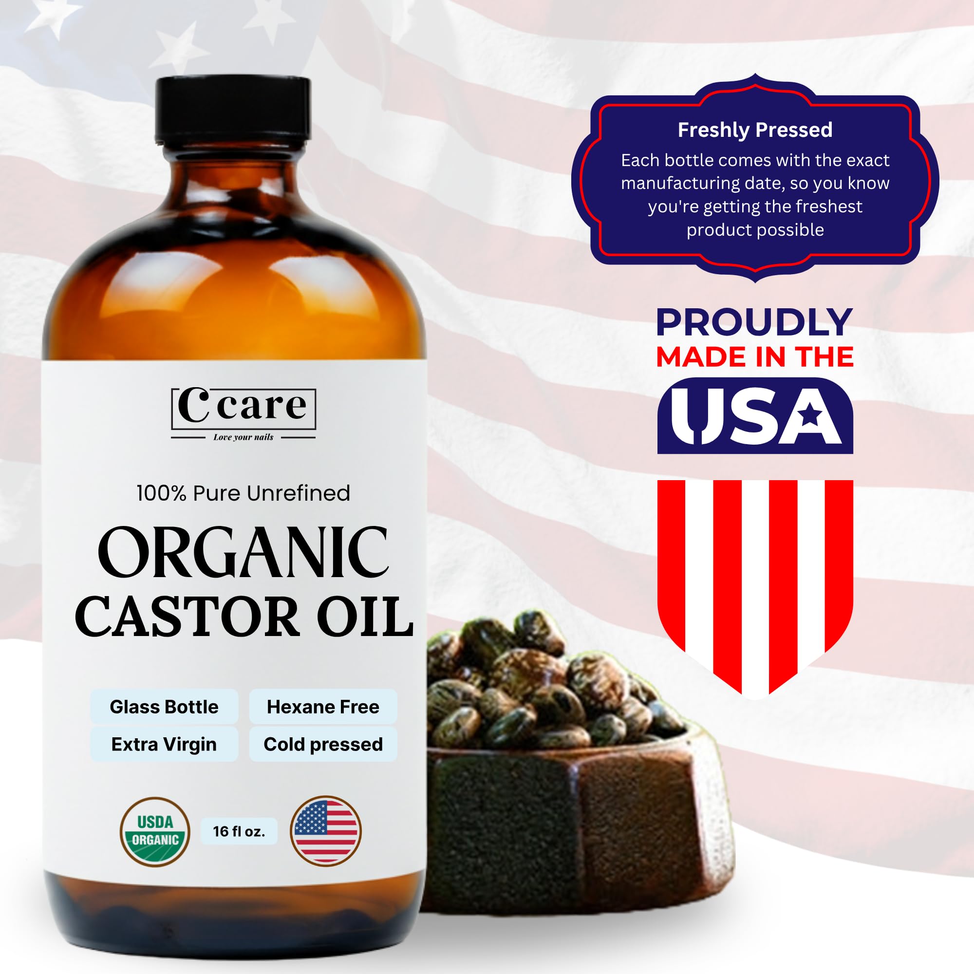 C CARE pure unrefined extra virgin castor oil 16 ounce glass bottle