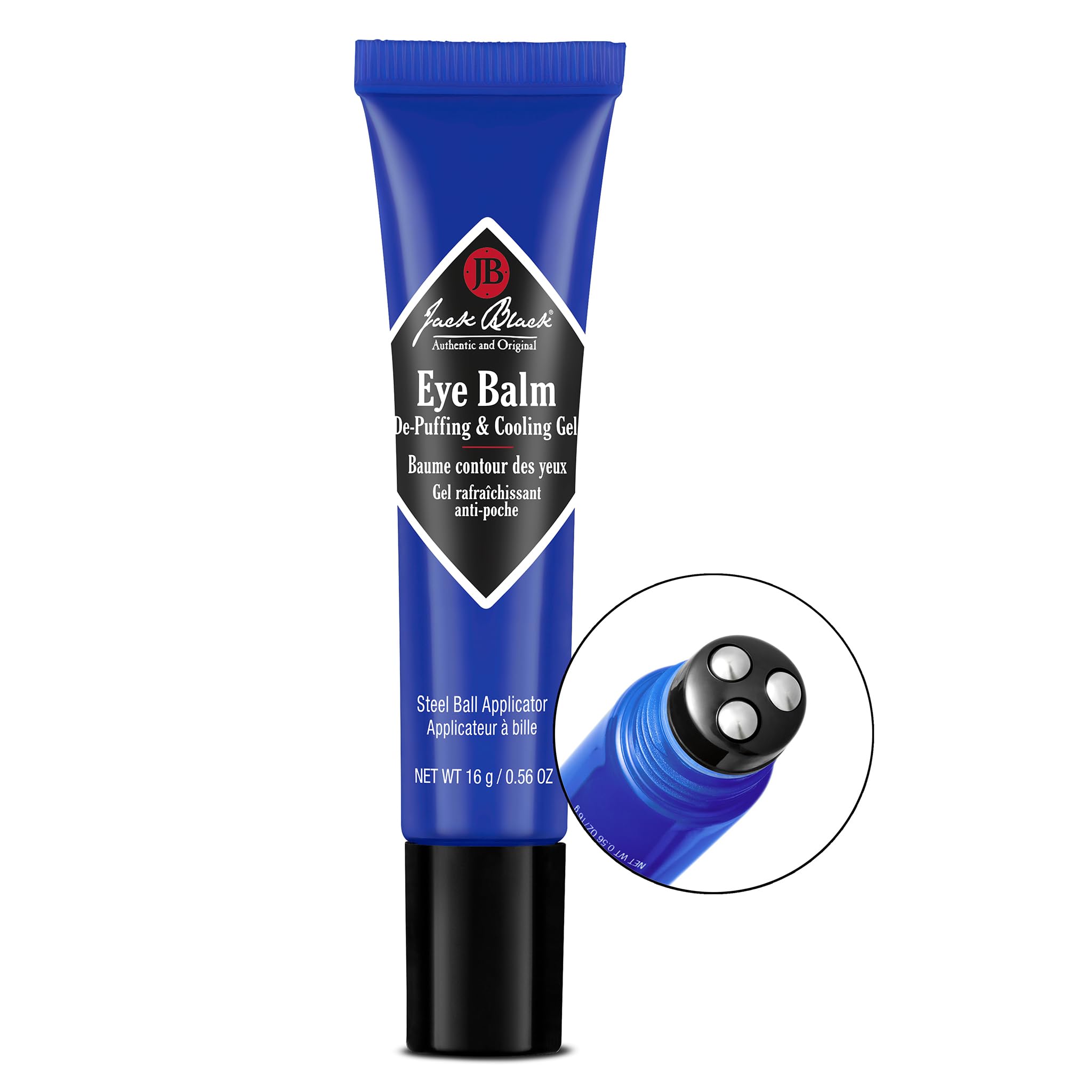 Jack Black Eye Balm 0.56 Ounce tube illustrating the clear hydrating formula designed to reduce puffiness and dark circles.